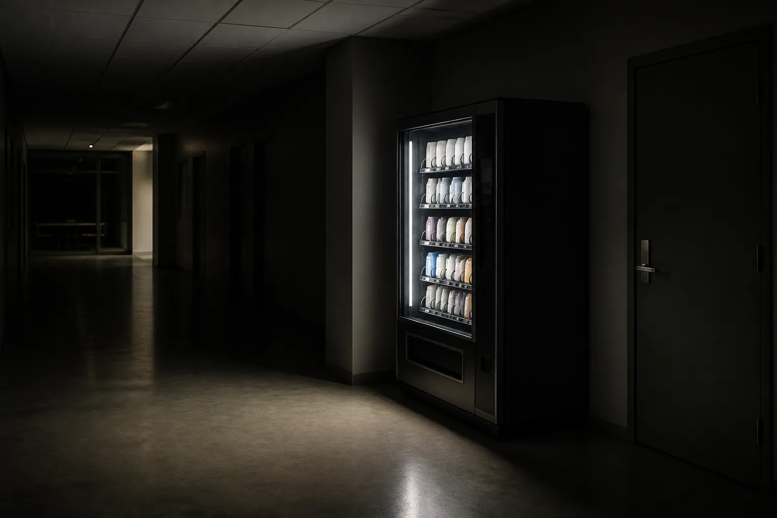 En upplyst varuautomat i en annars mörklagd korridor på natten