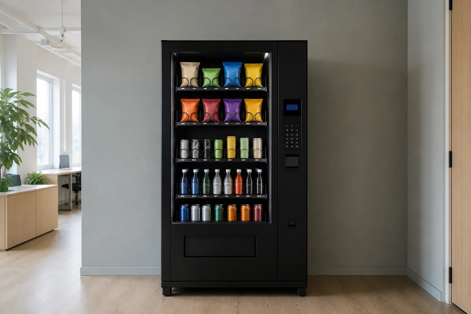 En varuautomat fotograferad rakt framifrån mot en vägg i ett ljust kontorsutrymme