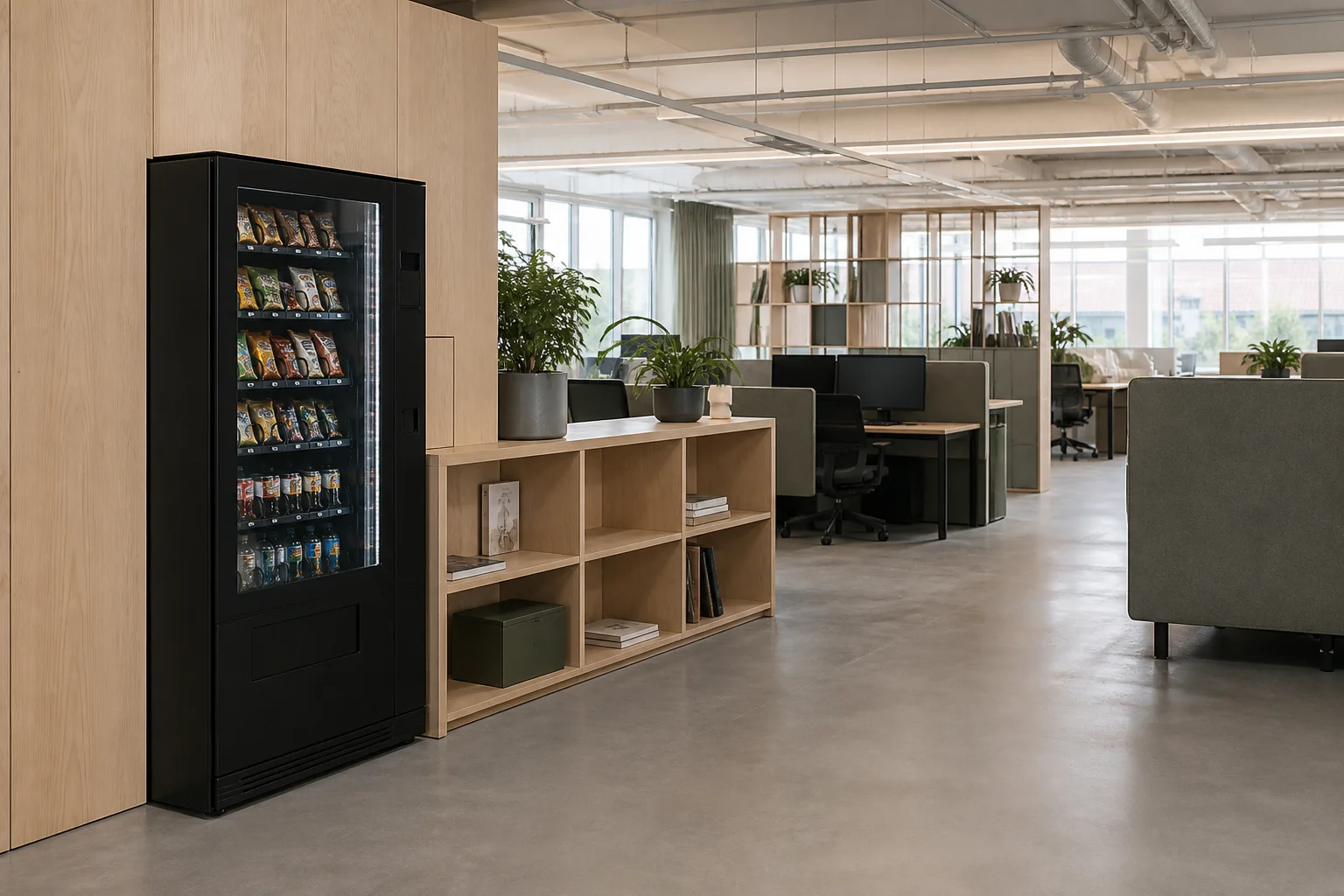 En varuautomat i kanten av ett öppet kontorslandskap, placerad intill en låg hyllavdelare med skrivbord synliga bortom den