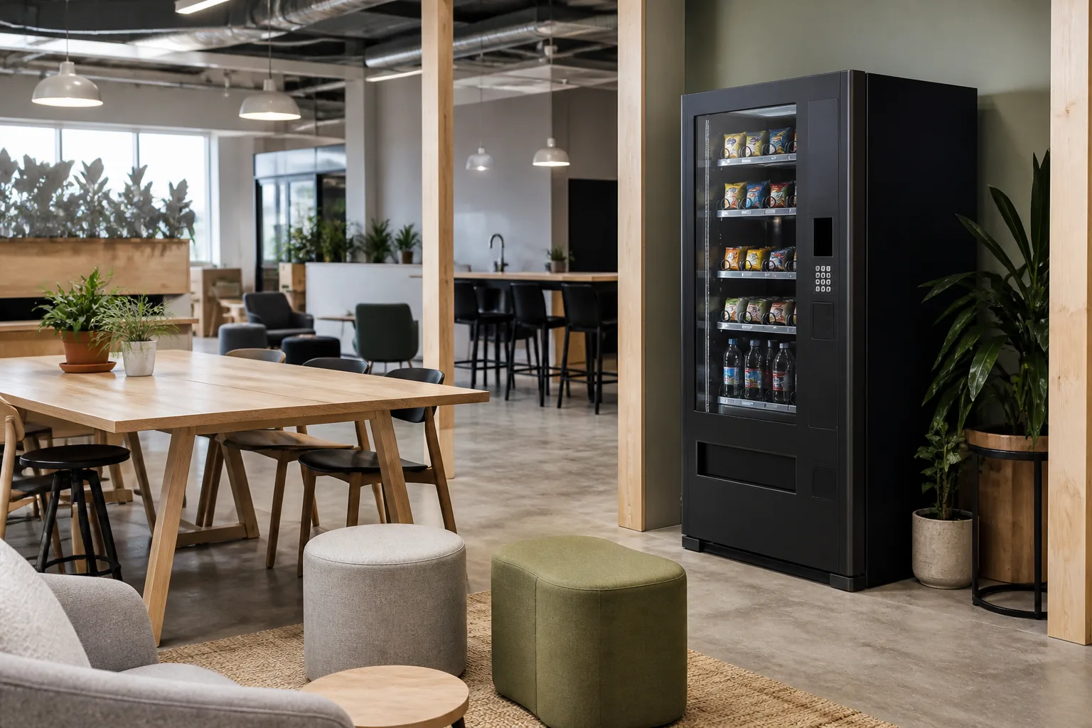 En pausyta i ett coworkingkontor med sittgrupper och en varuautomat vid väggen