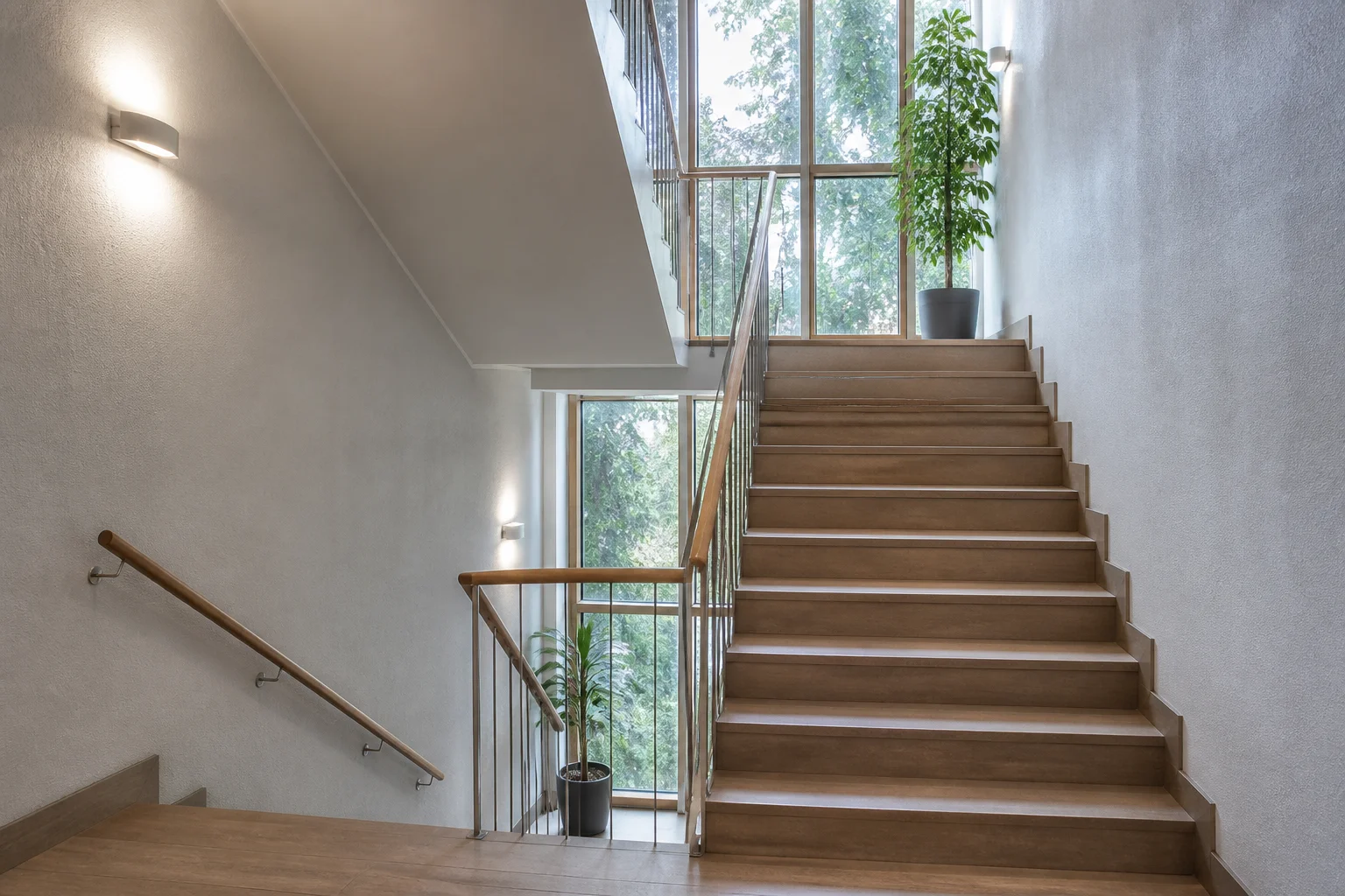 Trapphus i en svensk kontorsbyggnad med höga glaspartier, dagsljus och krukväxter