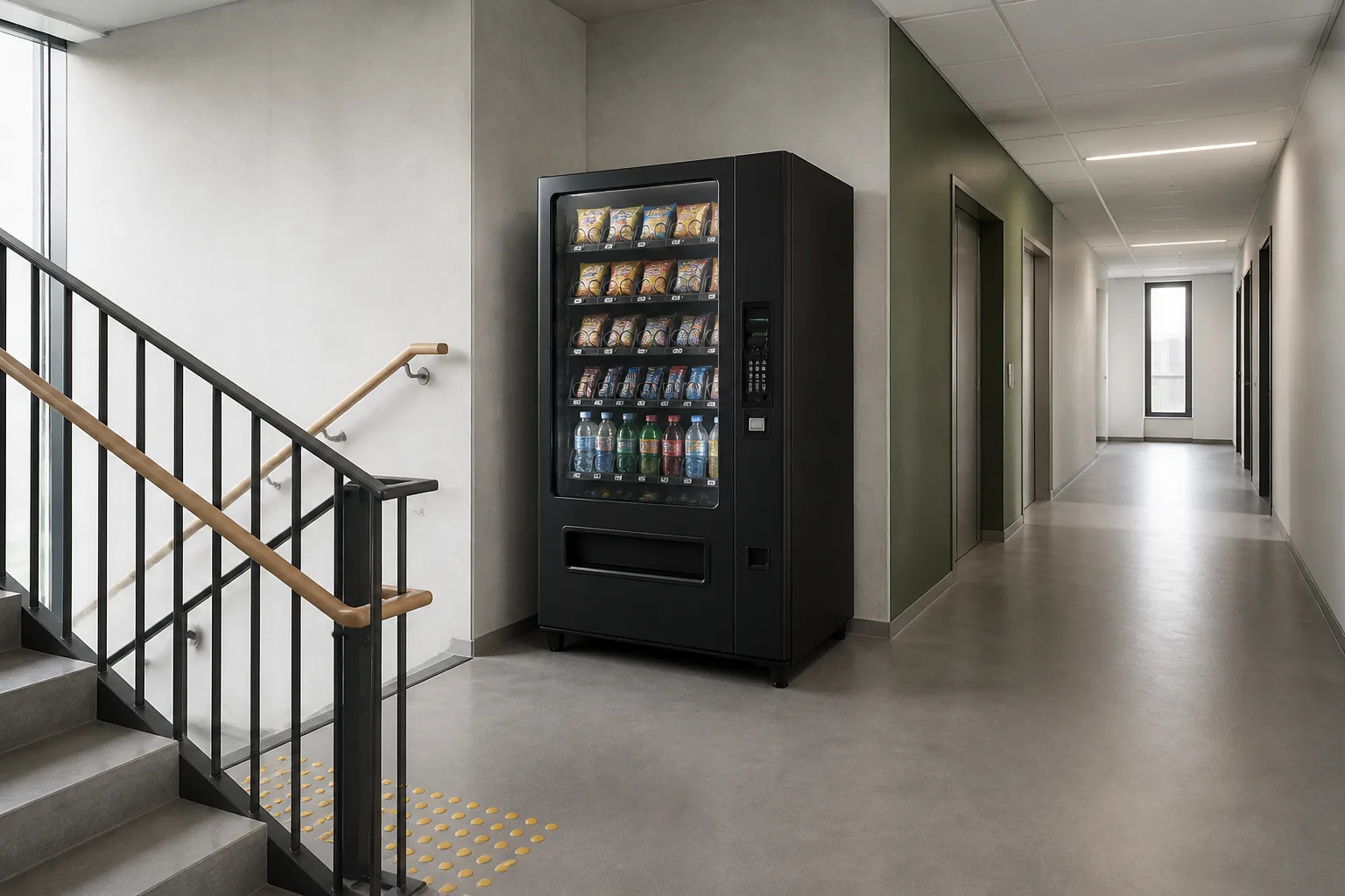 En varuautomat i en kontorskorridor intill en trappa med räcke