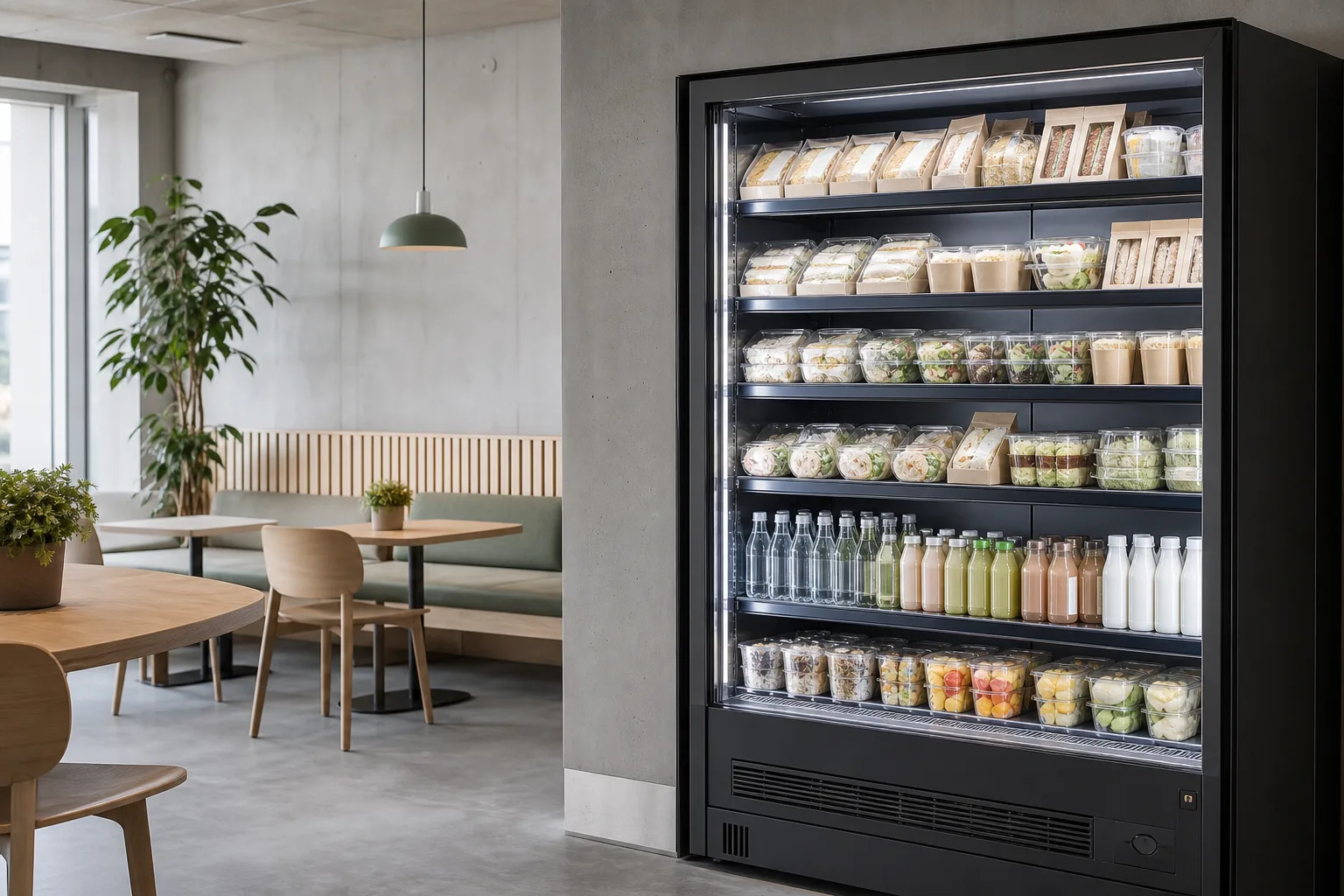 Kyld varuautomat med mackor, sallader och drycker bredvid sittplatser i ett pausrum