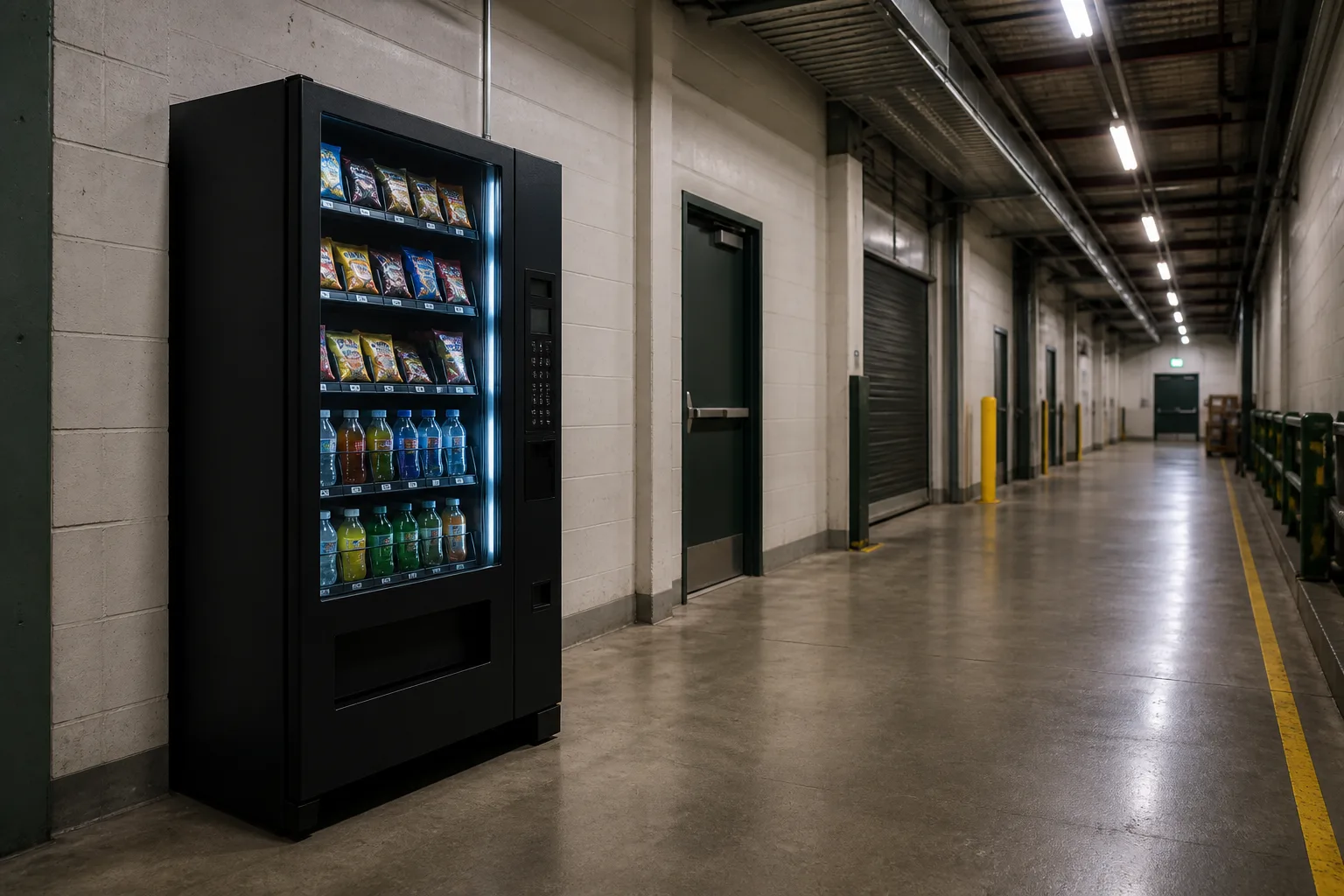 En varuautomat i en lagerkorridor med betonggolv och funktionell arbetsbelysning
