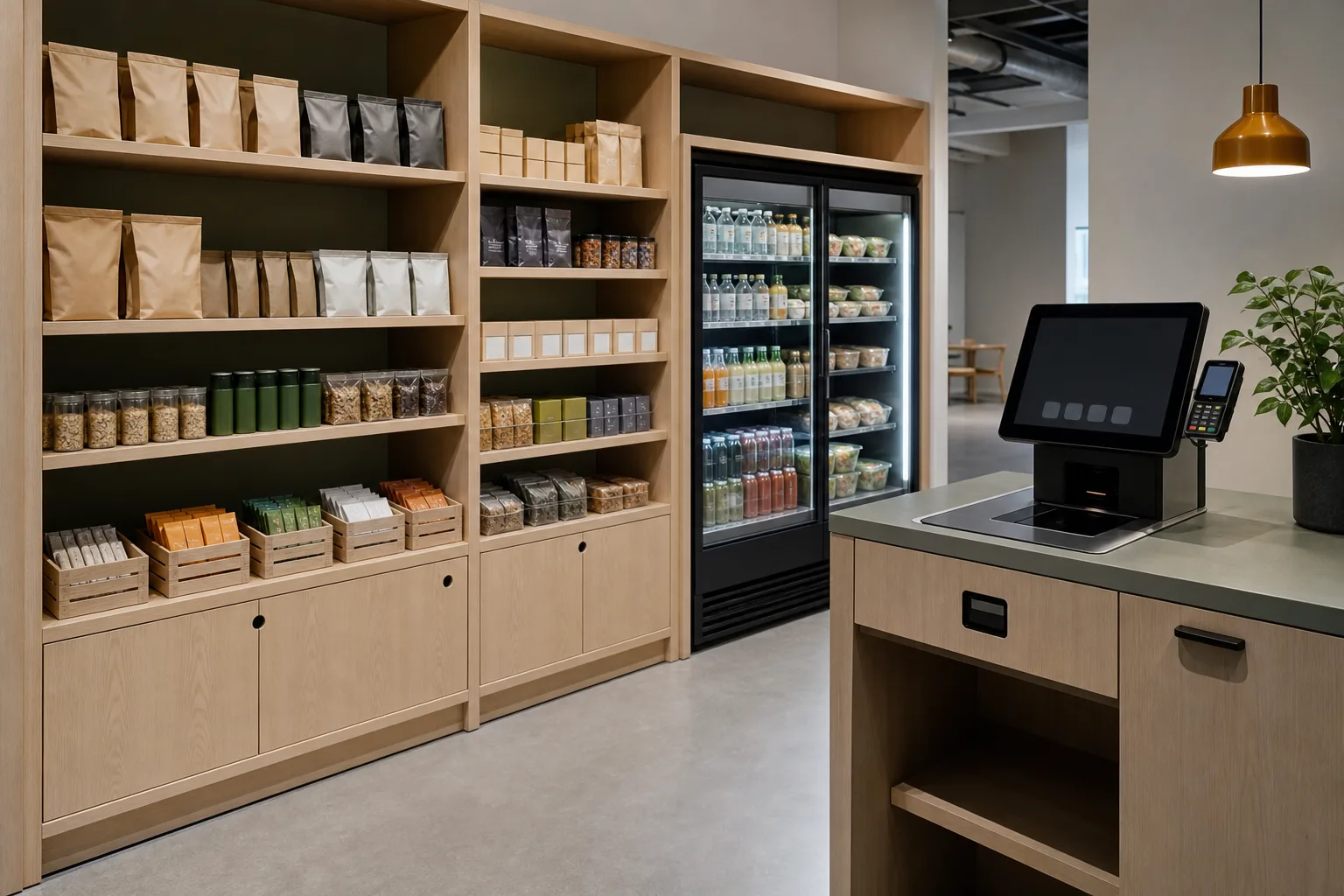 Obemannad personalbutik med öppna hyllor, ett kylskåp med drycker och matlådor samt en självutcheckningsterminal