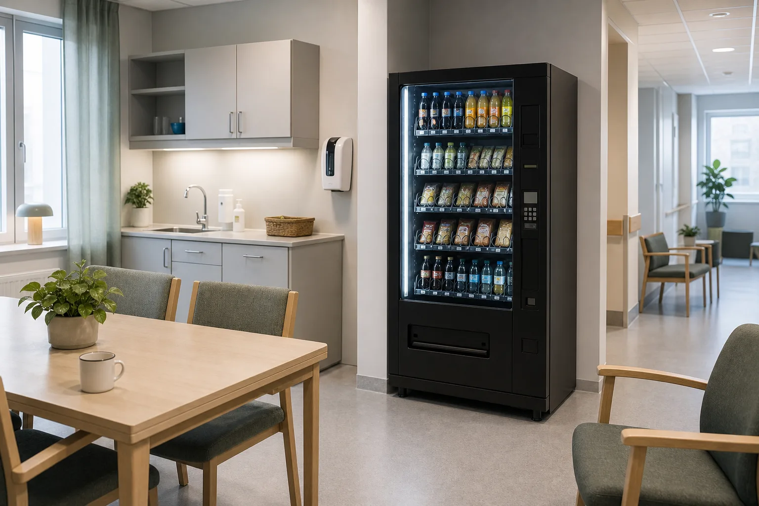 Personalrum på en vårdavdelning med matbord, pentry och en varuautomat med drycker och matlådor
